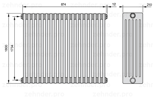 Схема (чертеж) Радиатор Zehnder Charleston 6180/19 №1270 Белый глянцевый RAL 9016